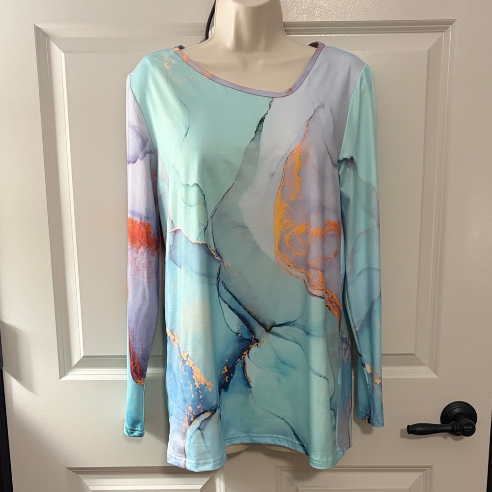 Abstract Print Long Sleeve Top with Asymmetrical Collar